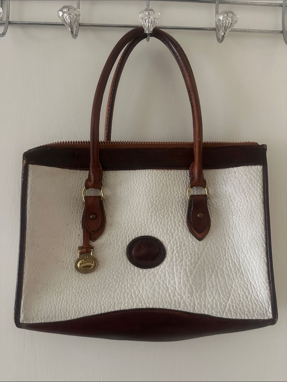 Dooney & Bourke White Pebbled Leather Tote with Brown Trim